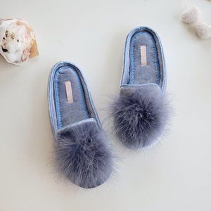 Feather Puff Velvety Loafer House Slipper, Grey